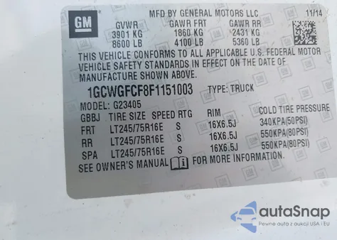 2015 Chevrolet Express 2500 Work Van z USA, uszkodzony, nr VIN 1GCWGFCF8F1151003